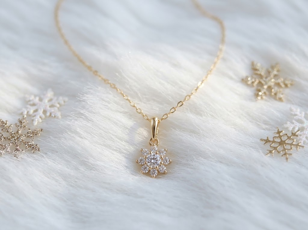 Snowflake necklace on white faux fur