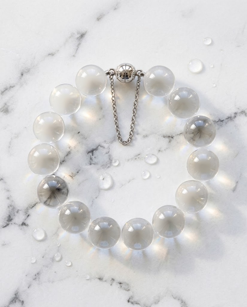 Bubble bead bracelet on marble with water droplets