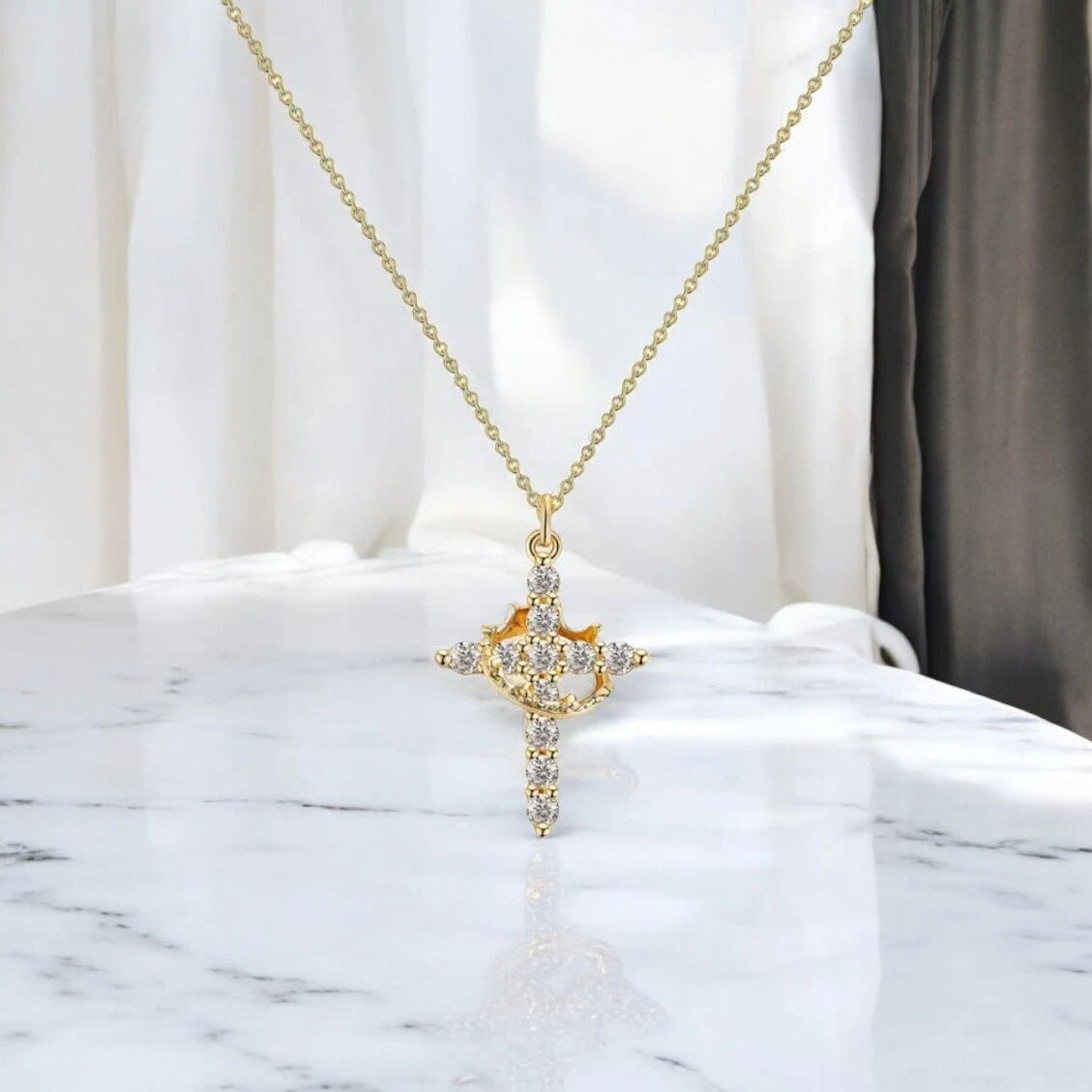 Crown Cross Necklace for Women Gold-Tone Crown Cross Pendant Necklace