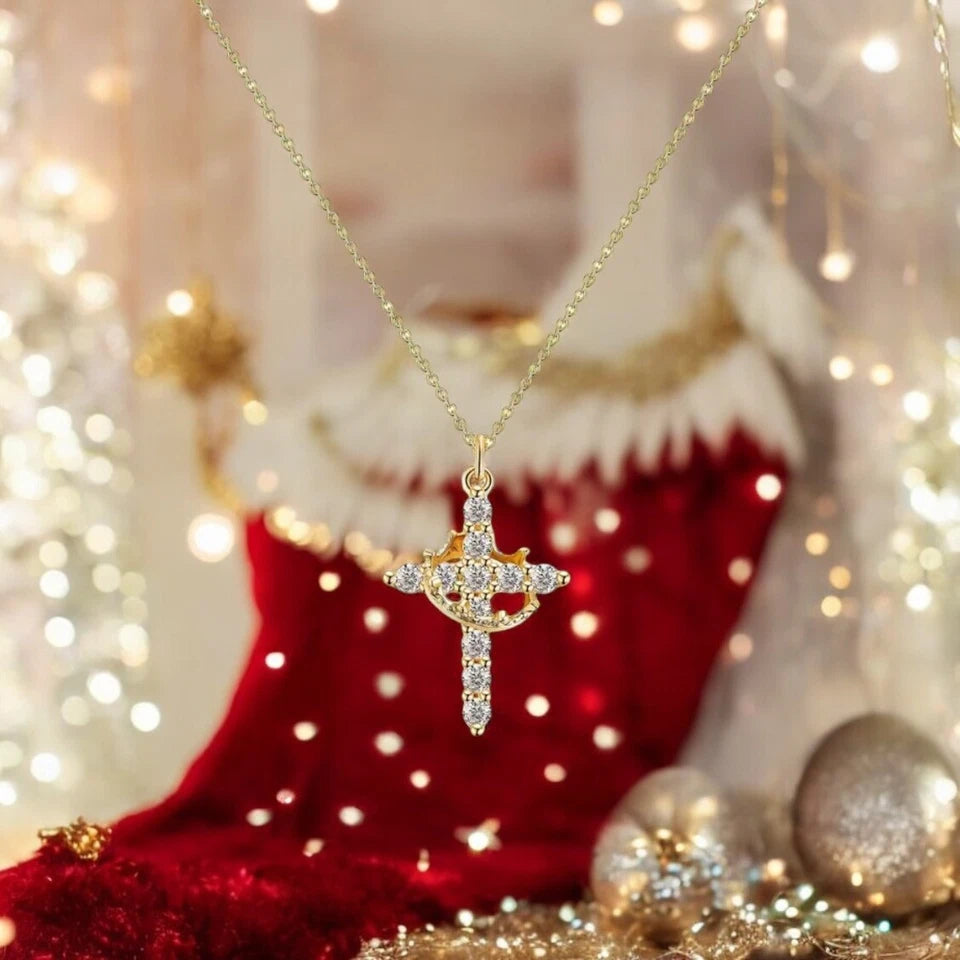 Crown Cross Necklace for Women Gold-Tone Crown Cross Pendant Necklace
