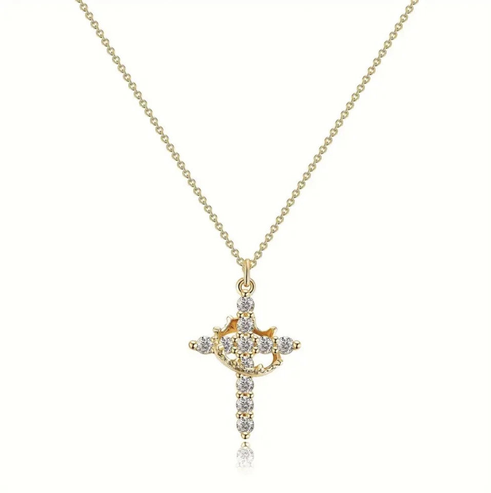 Crown Cross Necklace for Women Gold-Tone Crown Cross Pendant Necklace