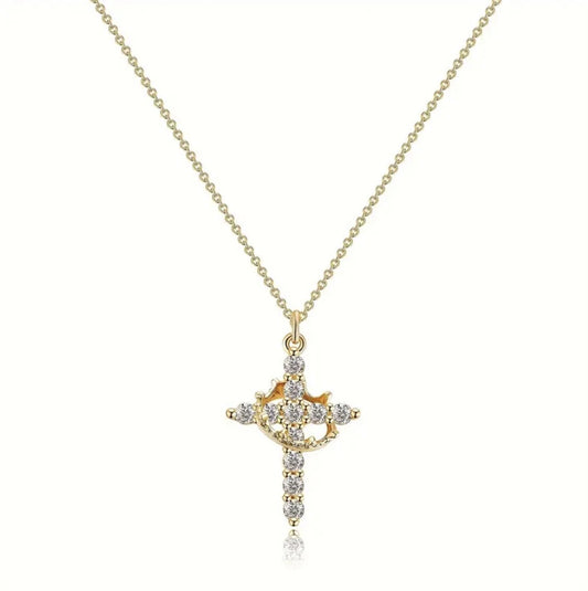 Crown Cross Necklace for Women Gold-Tone Crown Cross Pendant Necklace