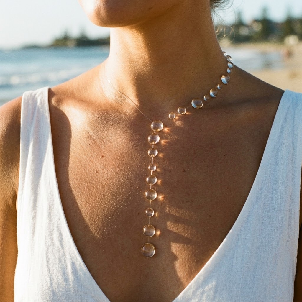 Dewdrop necklace worn at the beach in sunlight