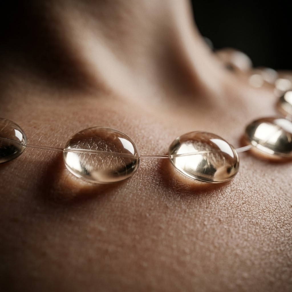 Dewdrop beads macro detail on skin