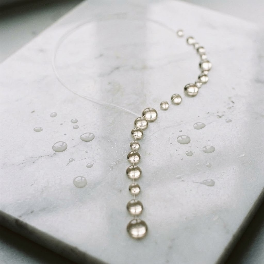 Dewdrop necklace on marble with water droplets