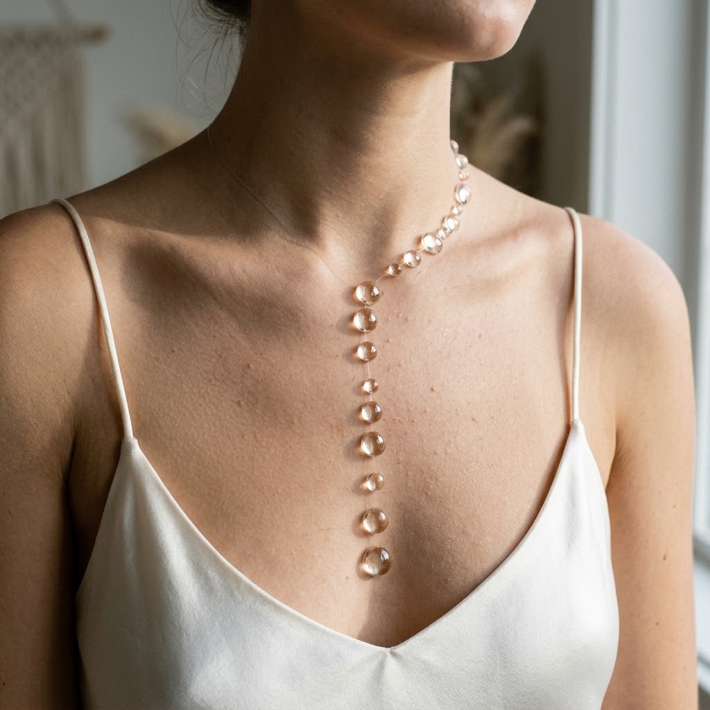 Asymmetric dewdrop necklace worn