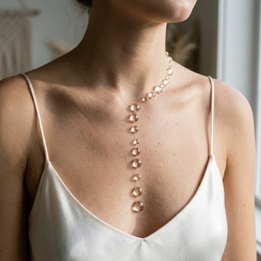 Asymmetric dewdrop necklace worn