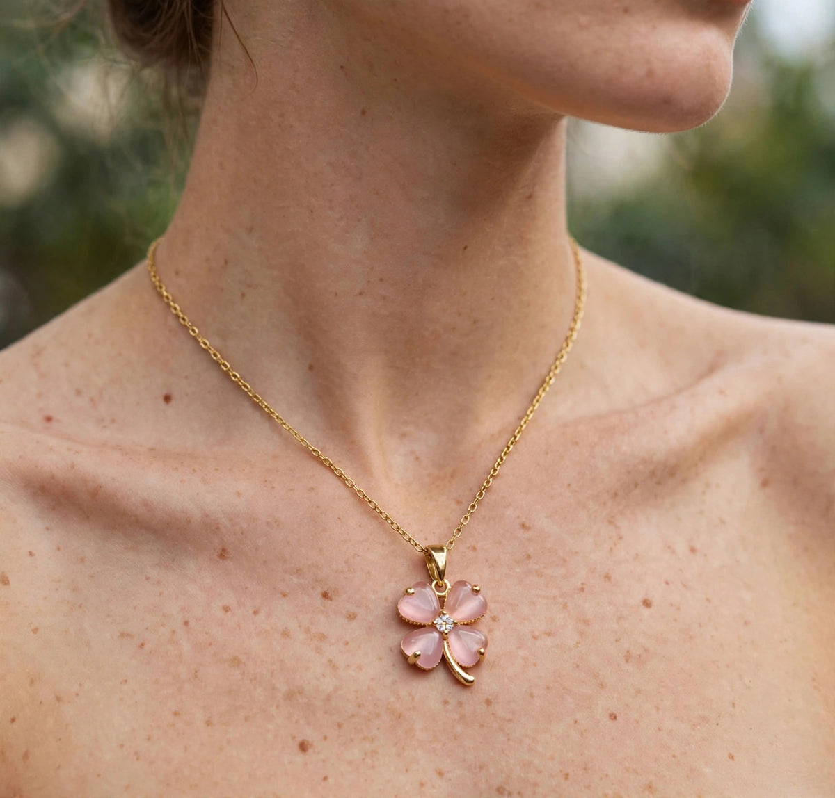 Pink four-leaf clover pendant necklace