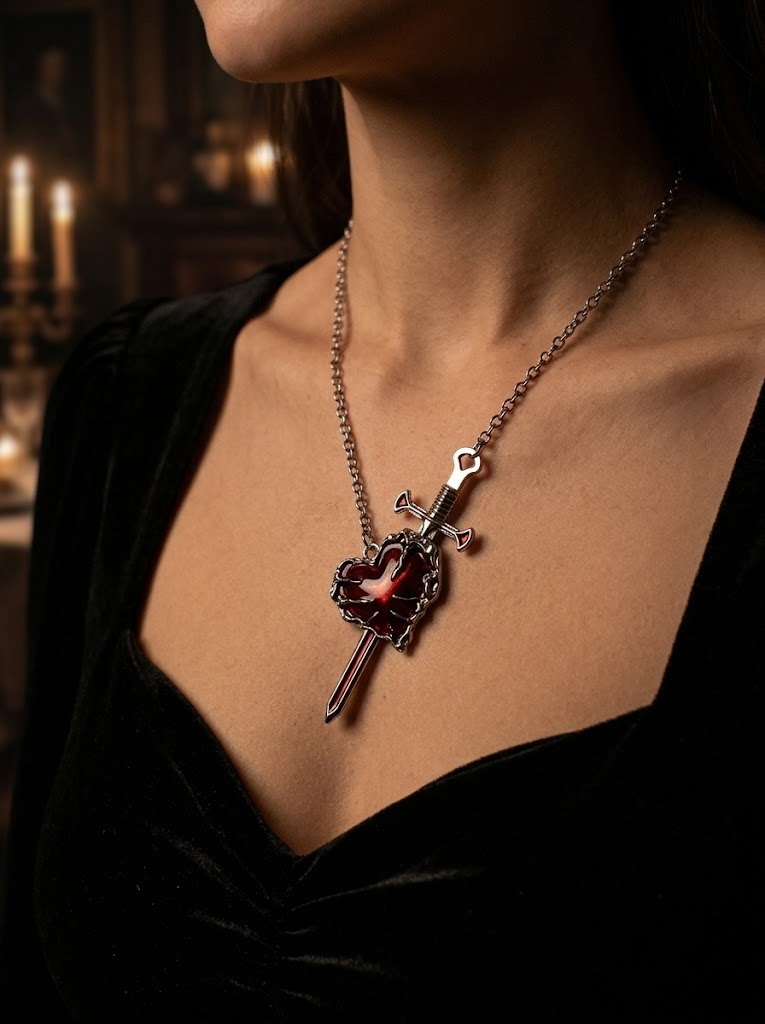 Gothic heart and sword necklace worn by candlelight