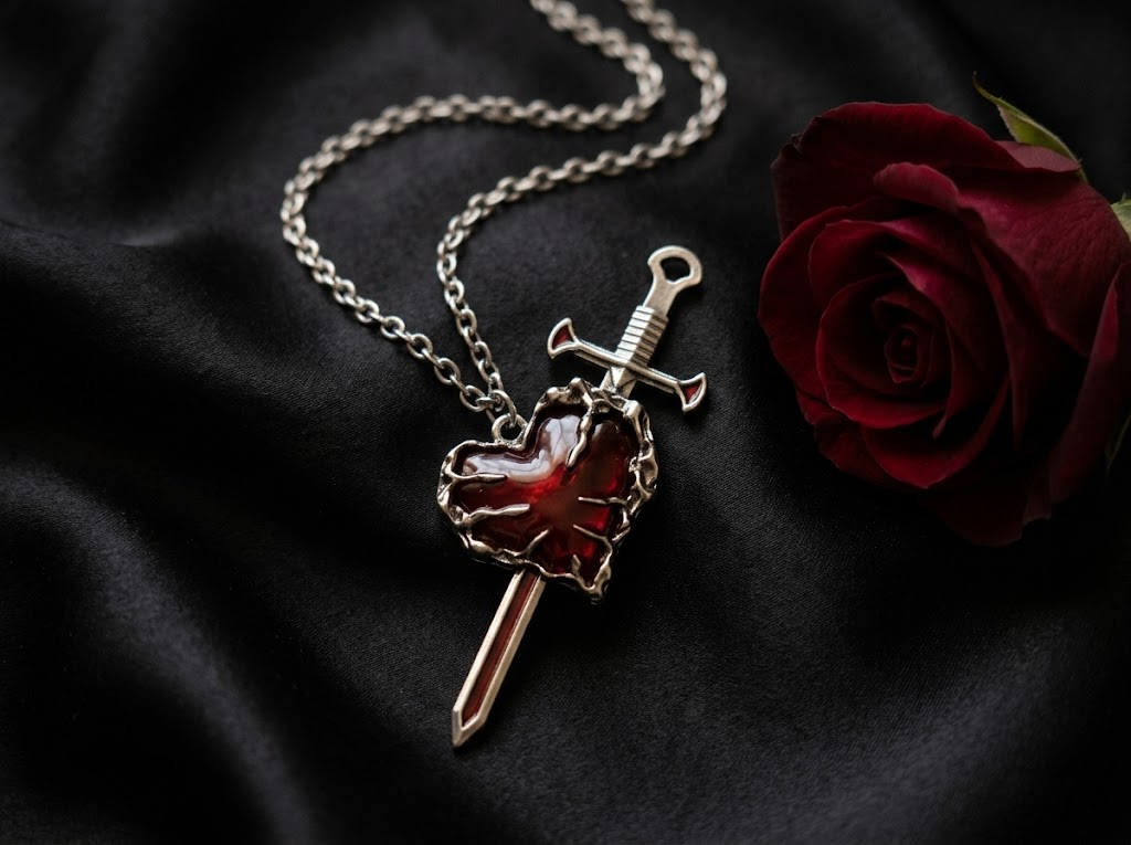 Gothic heart and sword necklace on black silk with a red rose