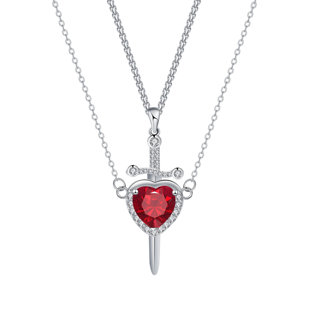 Heart and sword pendant necklace with red heart stone