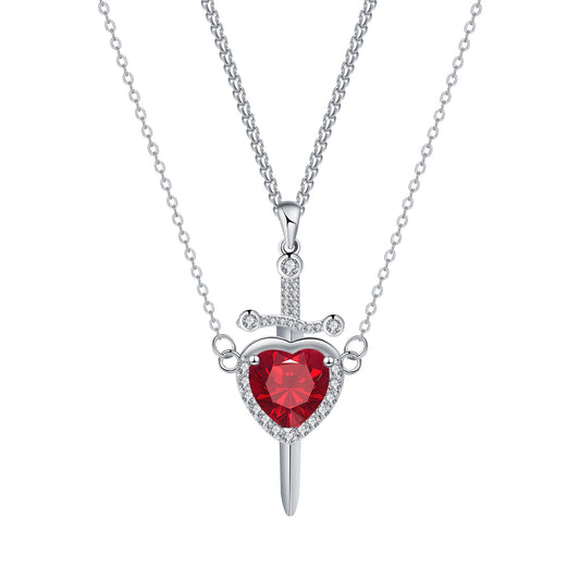 Heart and sword pendant necklace with red heart stone