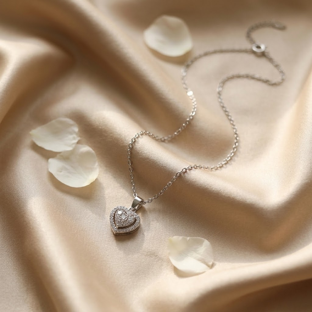 Pavé heart necklace on silk with rose petals