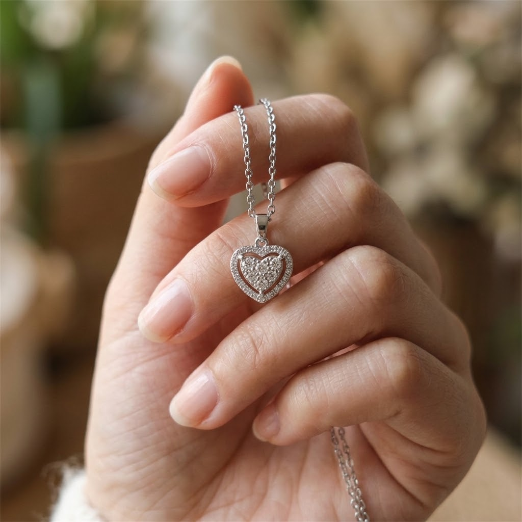 Pavé heart pendant held in hand showing size