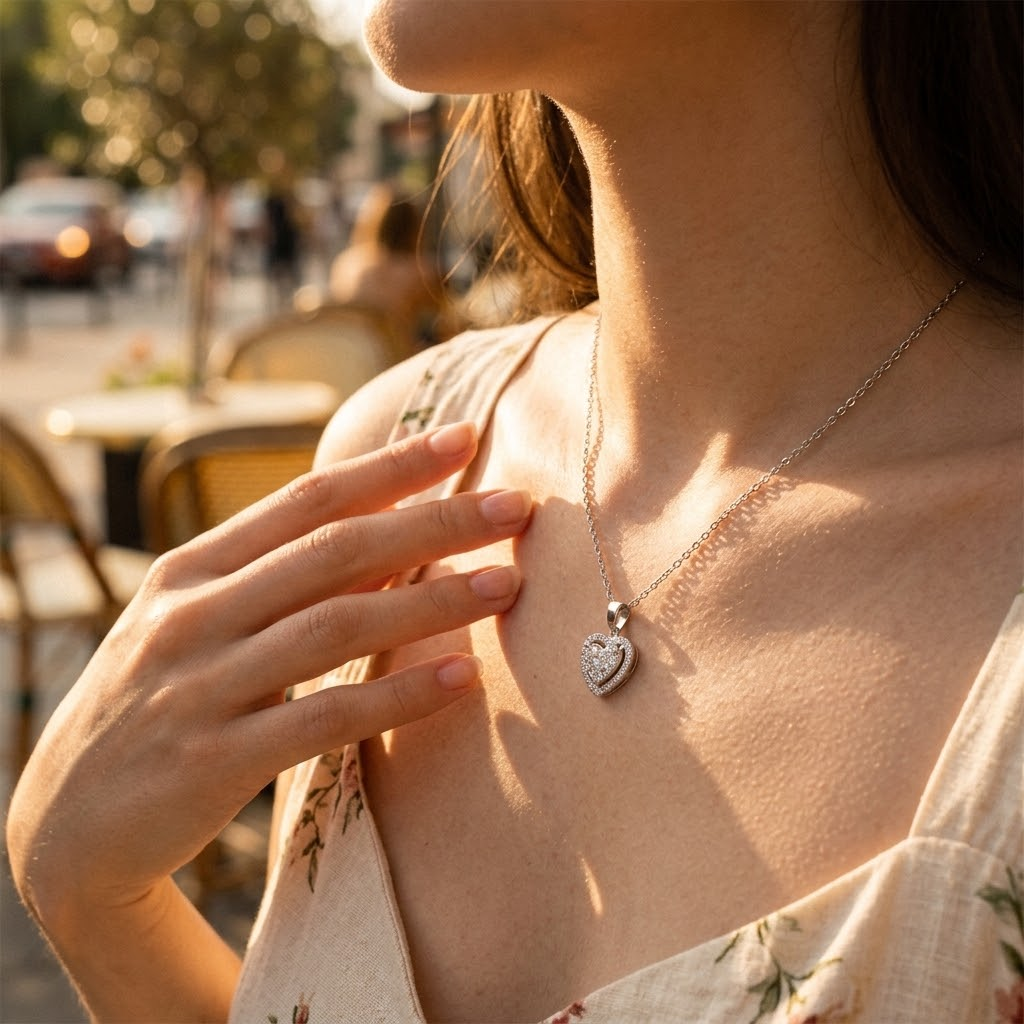 Pavé heart necklace worn outdoors in sunlight