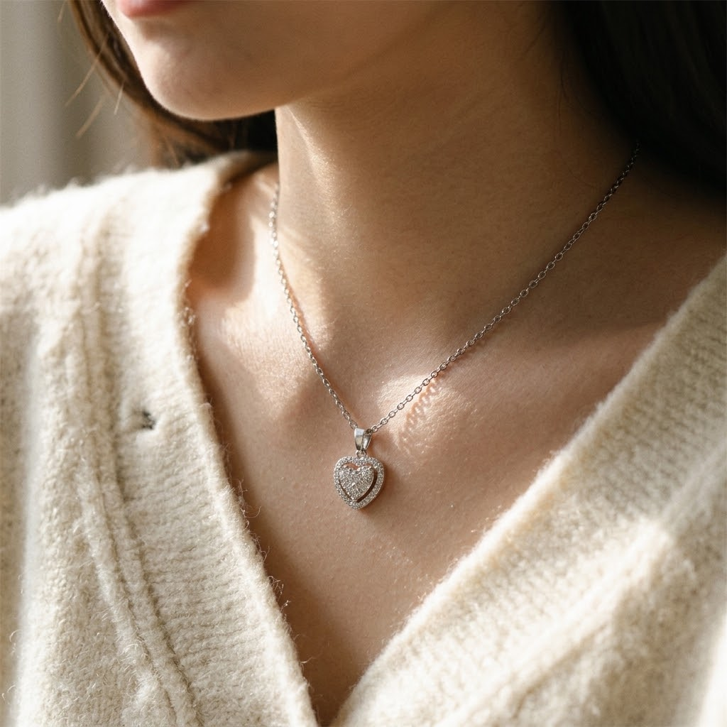 Pavé heart necklace worn
