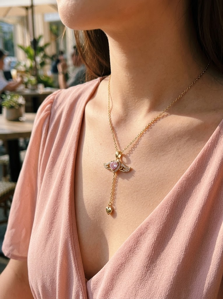 Pink heart wing necklace worn at a cafe