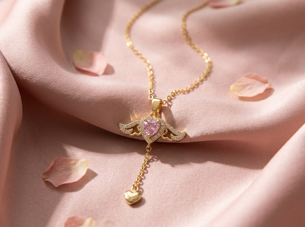 Pink heart wing necklace on blush silk with rose petals