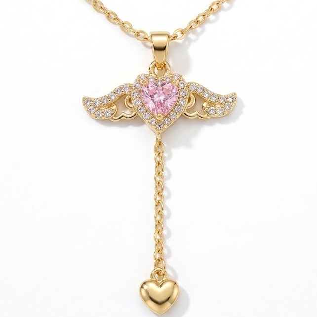 Pink heart wing necklace product shot