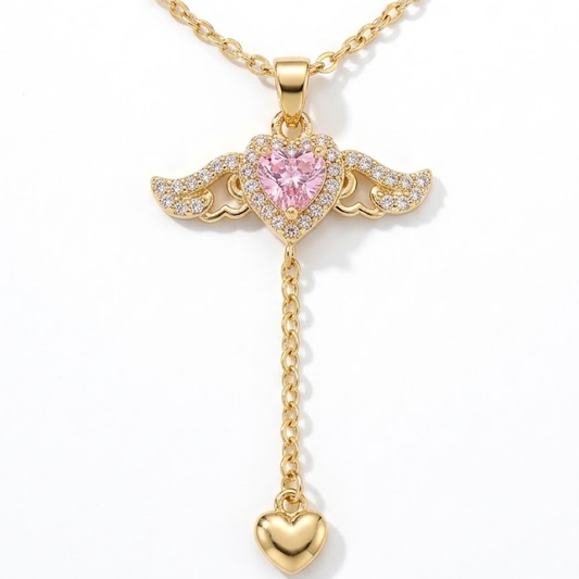 Pink heart wing necklace product shot
