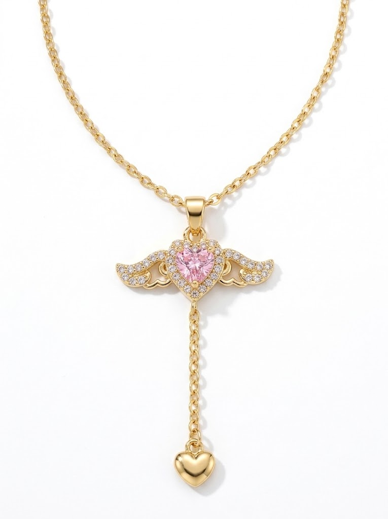 Pink heart wing necklace product shot