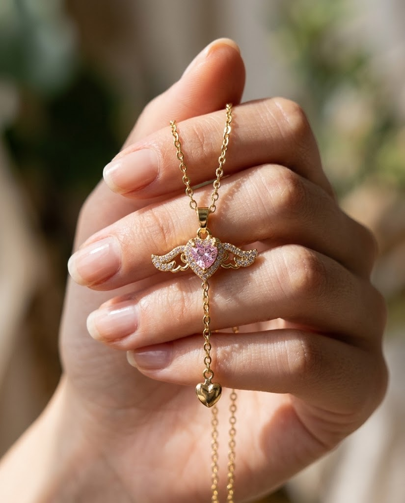 Pink heart wing necklace held in hand showing size