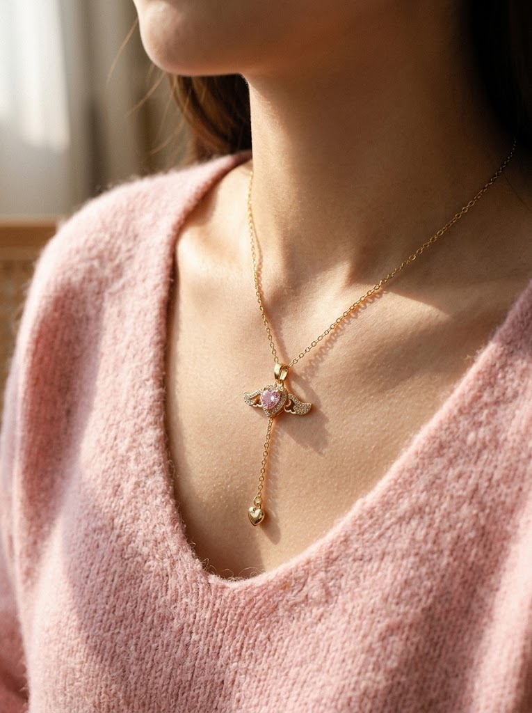 Pink heart wing necklace worn