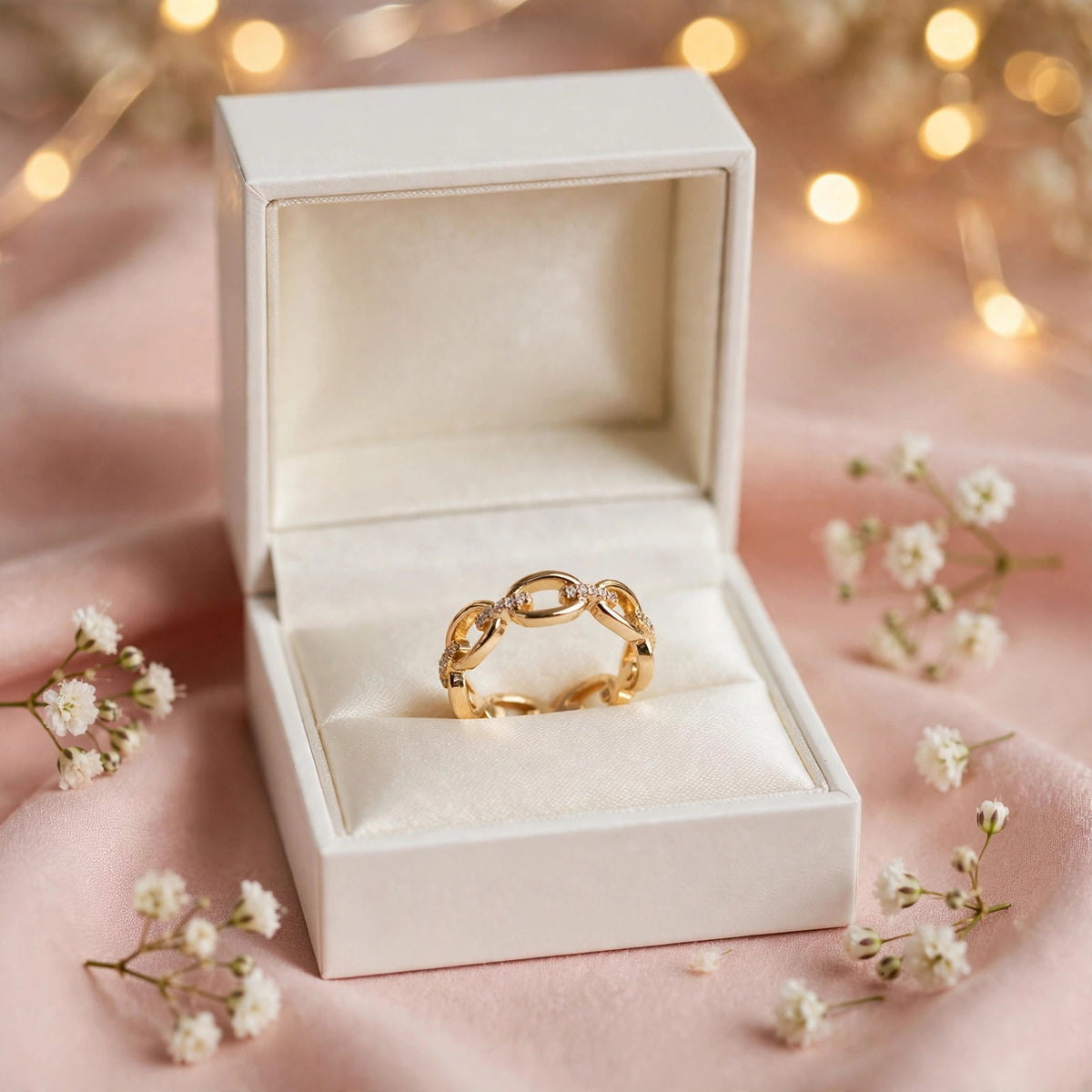Gold chain ring in gift box