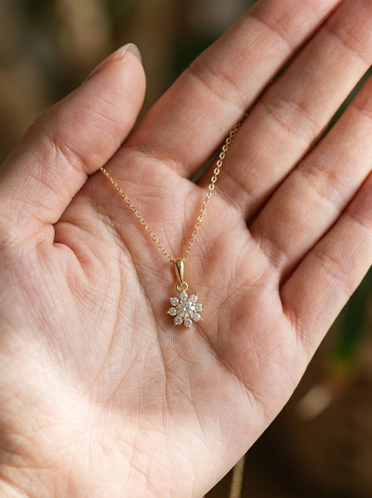 Snowflake necklace held in palm showing size