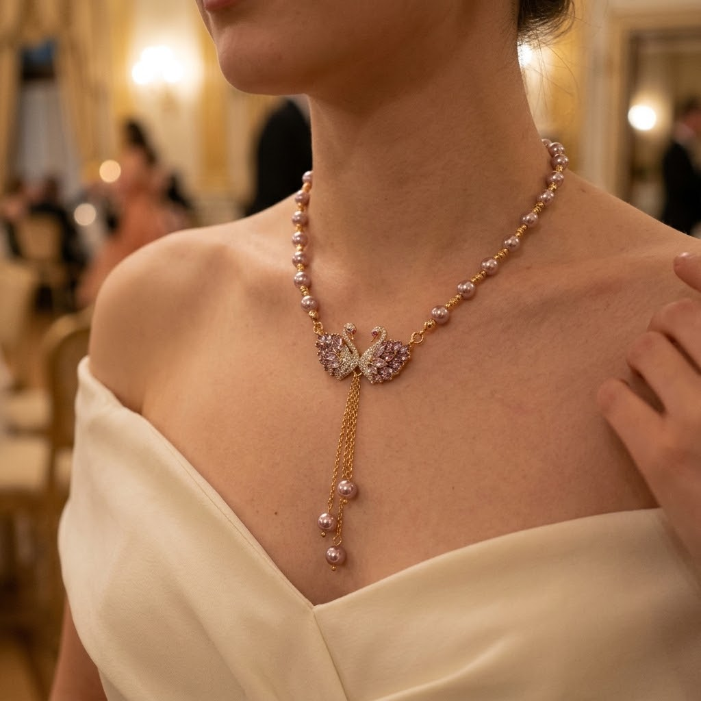 Twin swan pearl necklace worn with evening gown