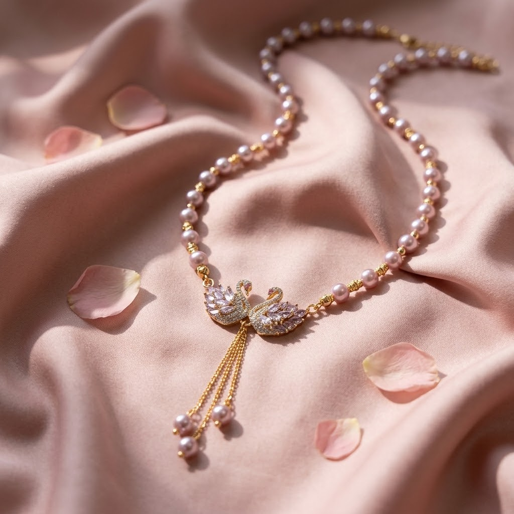 Twin swan pearl necklace on blush silk with rose petals