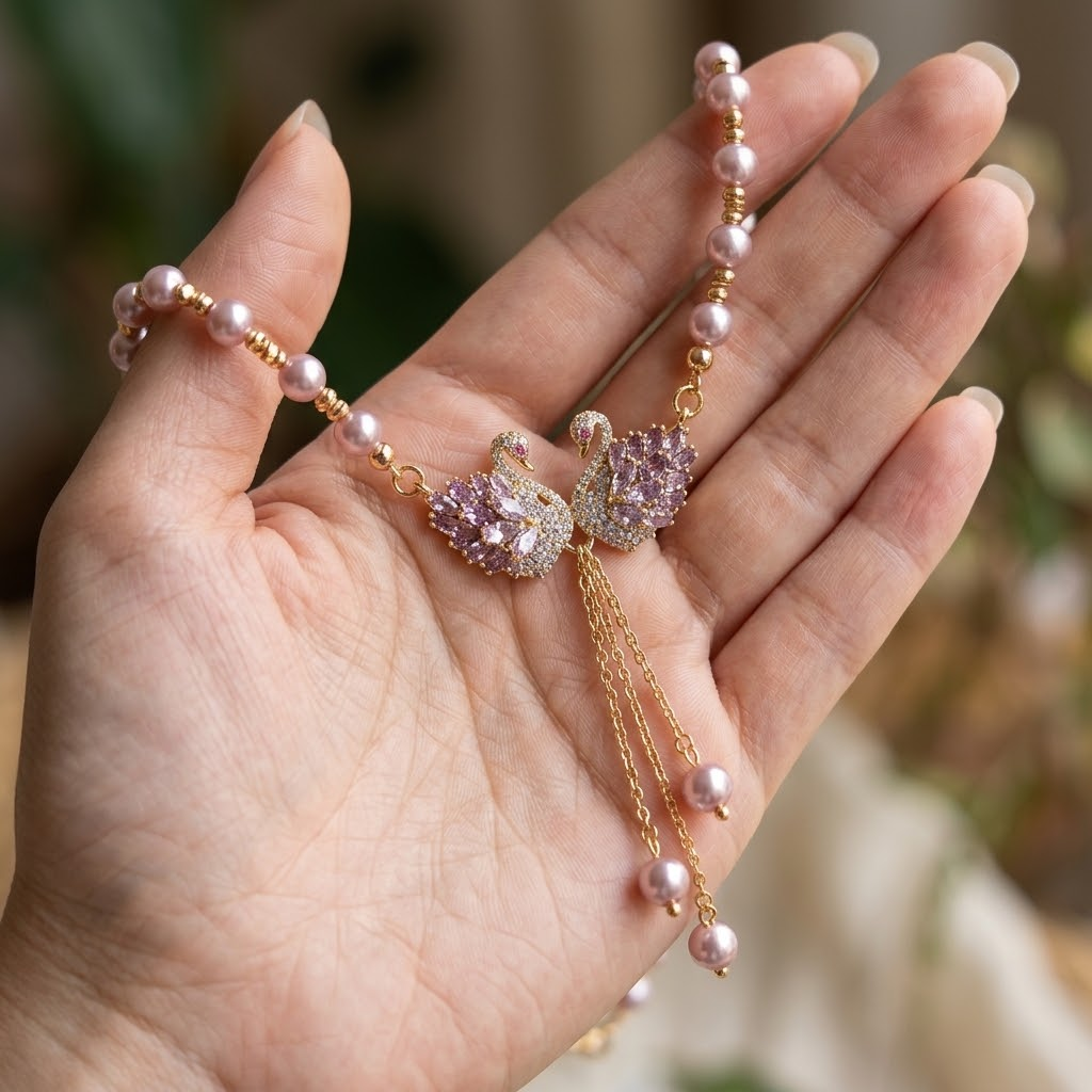 Twin swan necklace held in hand showing size