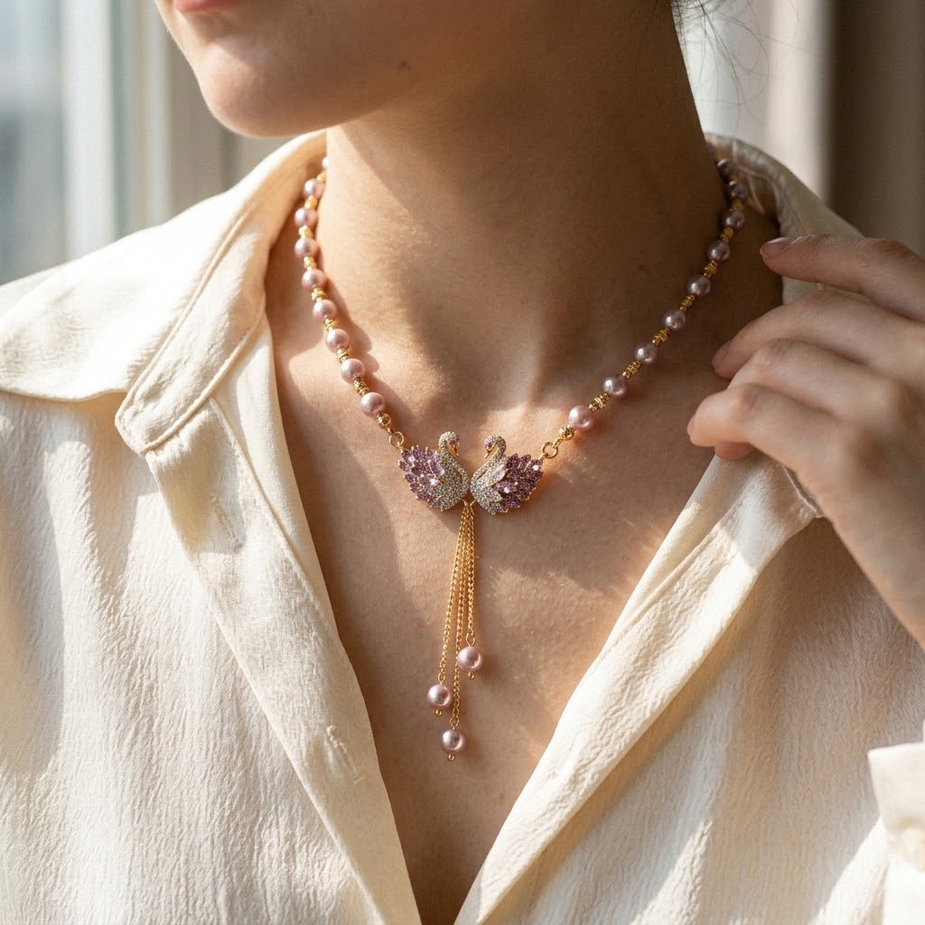 Twin swan pearl necklace worn